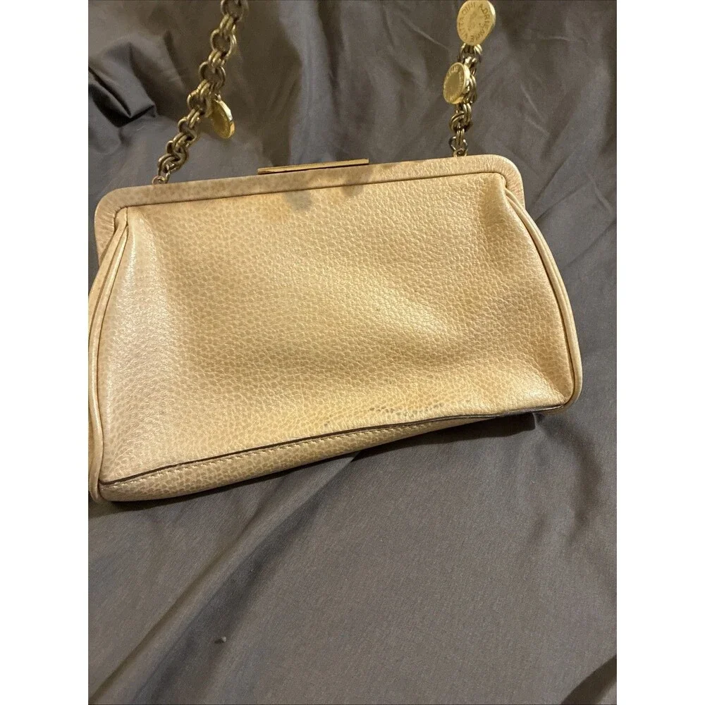 Adrienne Vittadini Ivory Leather Cutout Purse Shoulder Bag Gold Chain Link Strap